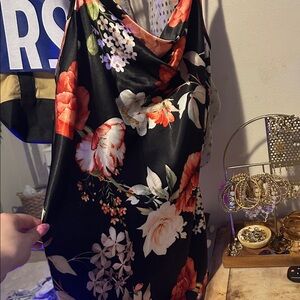 Bebe Black Satin Dress with Pink and White Floral Design